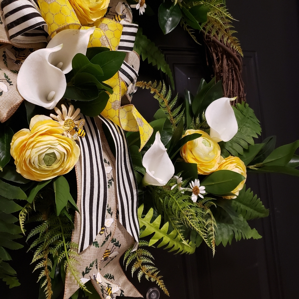 Spring Lush Greenery And Florals Grapevine Bee Wreath - Picture 4 of 5